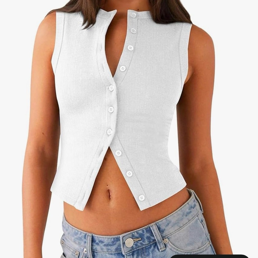 White Sleeveless Button Down Top
